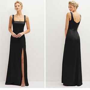 Dessy Group Thread Square Neck Satin A-Line Front Slit Black Maxi Dress NWT Lge